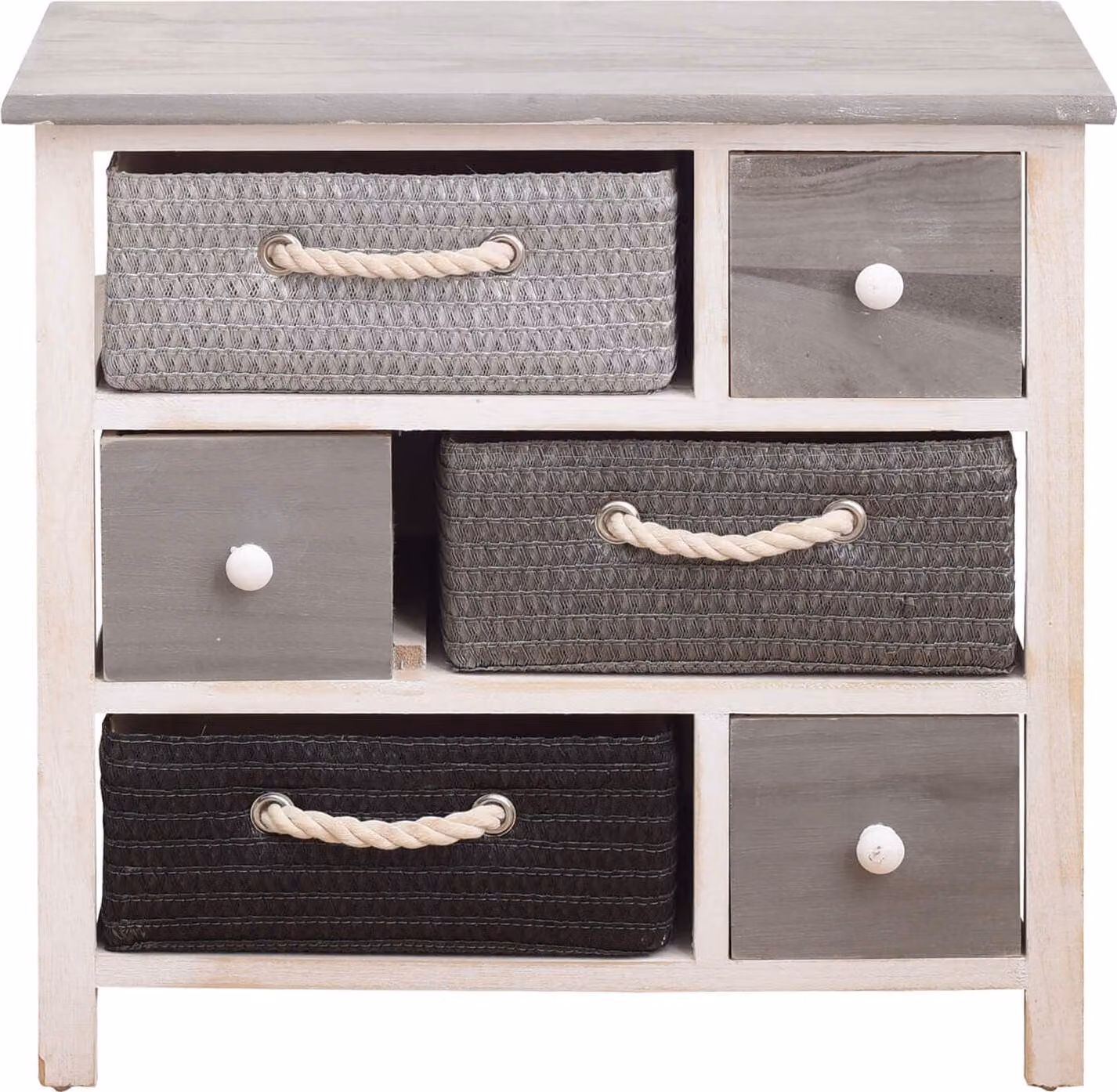 Rebecca Mobili Cassettiera bassa a 6 cassetti in legno e tessuto, grigio e bianco