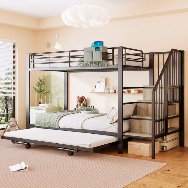 Letto a castello 90x200 cm con letto estraibile; scale contenitore in metallo nero