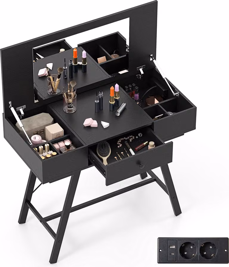 Tavolo da trucco COSTWAY con grande specchio, stazione di ricarica, 6 scomparti, coperchio incernierato e cassetto, tavolo cosmetico rustico, nero