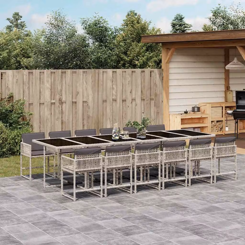 Set da pranzo da giardino vidaXL in polyrattan con cuscini e piano in vetro, 13 pezzi, colore antracite – 1