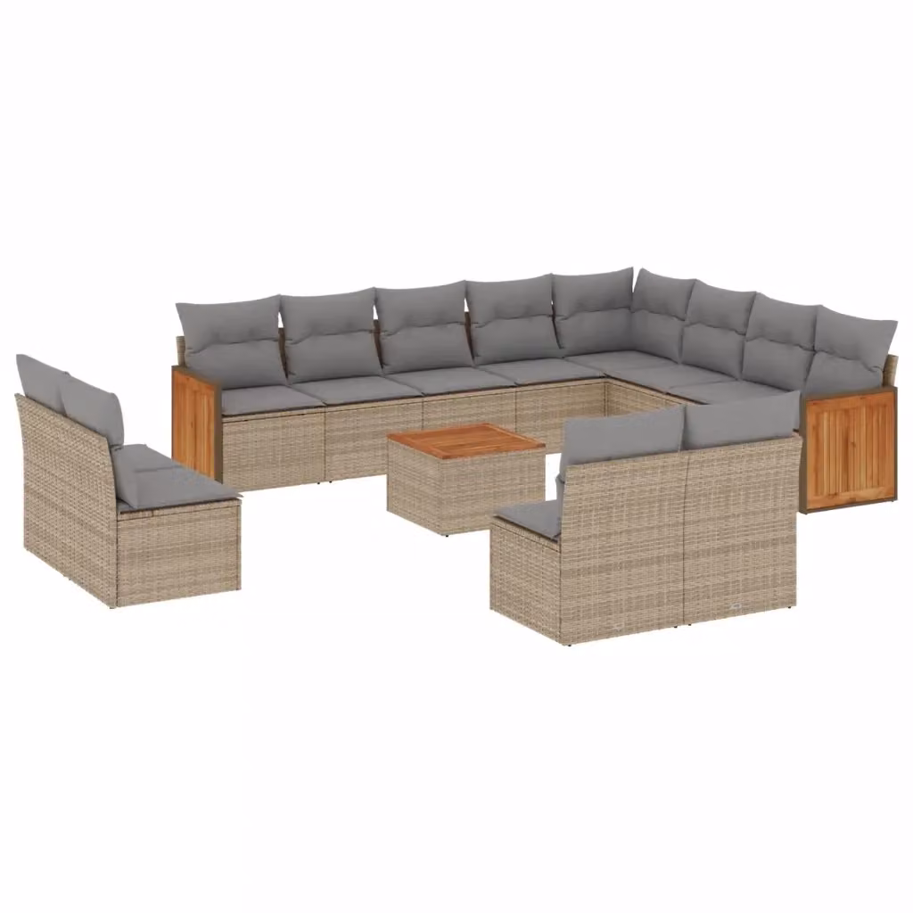 vidaXL Set Divano da Giardino 13 pz a forma di U con Cuscini Beige e Tavolino in Polyrattan e Legno di Acacia – 2