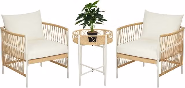 Set Bistro da Giardino 3 Pezzi in Rattan PE con Cuscini, 72 cm x 66 cm x 64 cm, Giallo e Crema, per Balcone e Terrazza