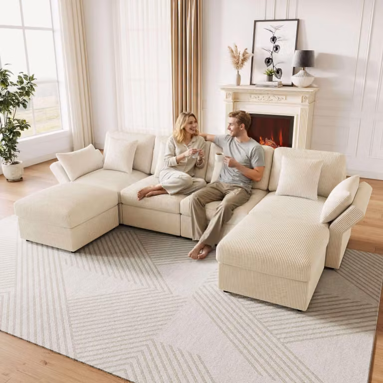 Merax divano angolare a U 4-6 posti, con poggiapiedi, braccioli regolabili, divano moderno, divano, soggiorno, camera da letto, tessuto a coste, beige