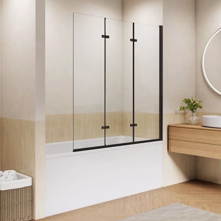Pannello doccia per vasca da bagno, 130x140 cm, composto da 3 elementi pieghevoli, colore nero