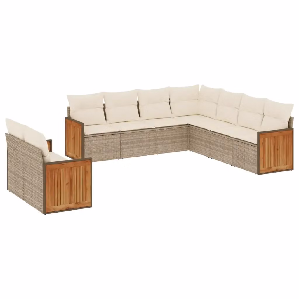 vidaXL Set Divano da Giardino a Forma di U in Polyrattan con Cuscini Beige e Struttura in Legno di Acacia – 2