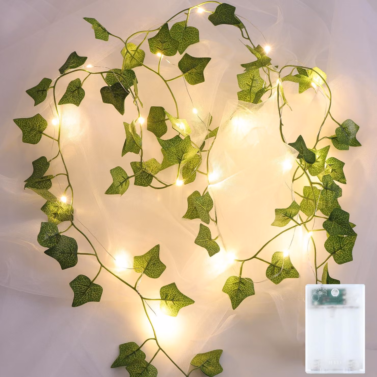 Catena luminosa a forma di edera artificiale, lunghezza 2 metri, 20 LED, luce bianco caldo, alimentazione a batteria