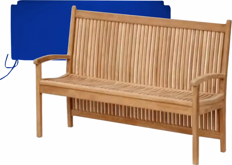 Panca in teak massello, modello Pescara, 120 cm, resistente agli agenti atmosferici, con cuscino seduta blu