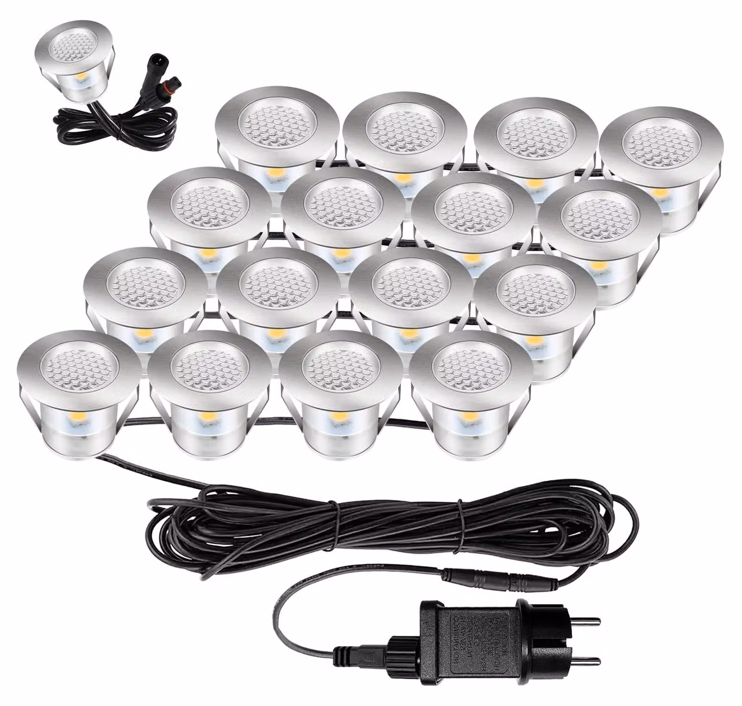 Set di 16 faretti LED da incasso per esterni, luce bianco caldo, grado di protezione IP67, impermeabili, dimensioni 30x30 mm