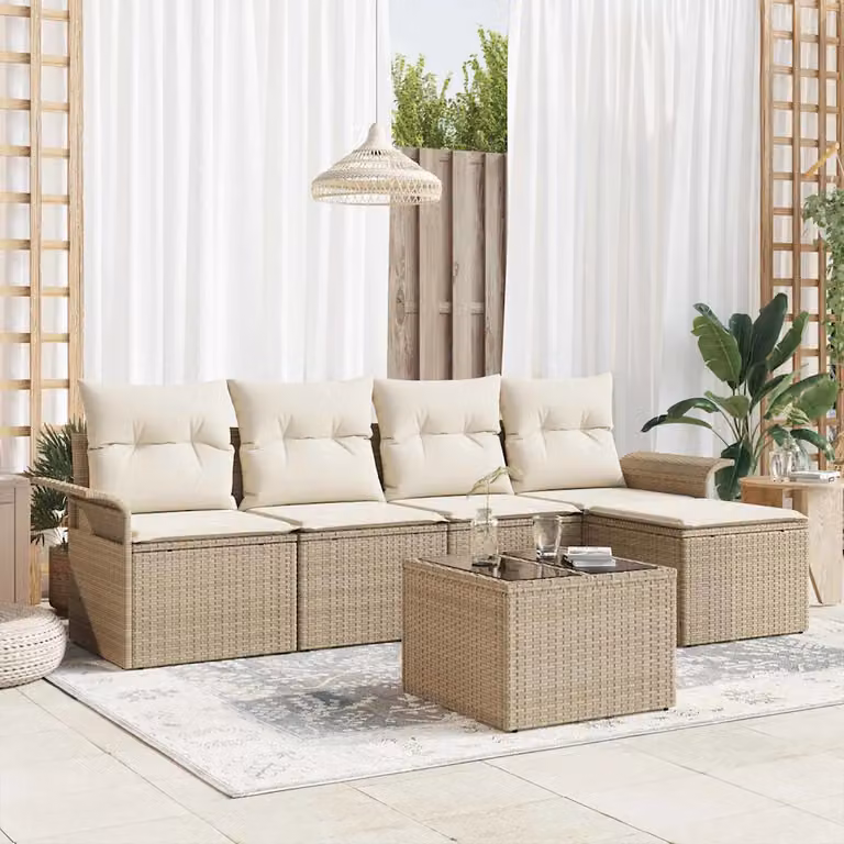 Set Divano da Giardino vidaXL 6 pz a Forma a L con Cuscini Beige e Tavolino in Vetro