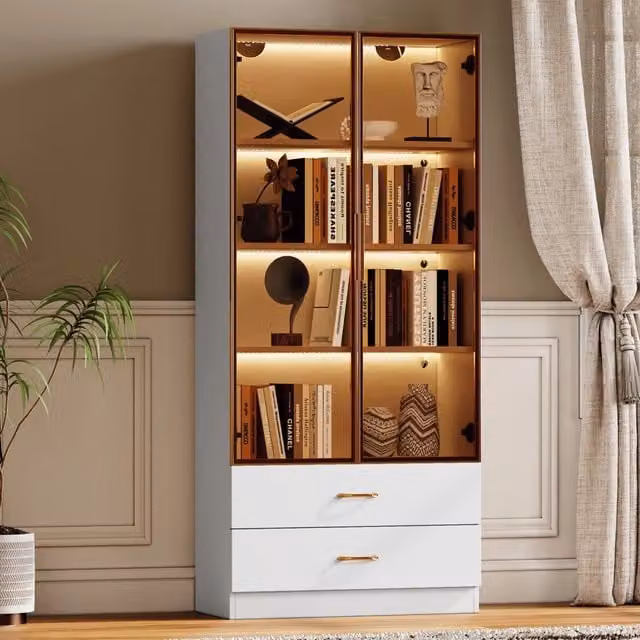 Mobile bagno alto WISHDOR bianco in MDF con ante in vetro temperato, vani a giorno e illuminazione integrata