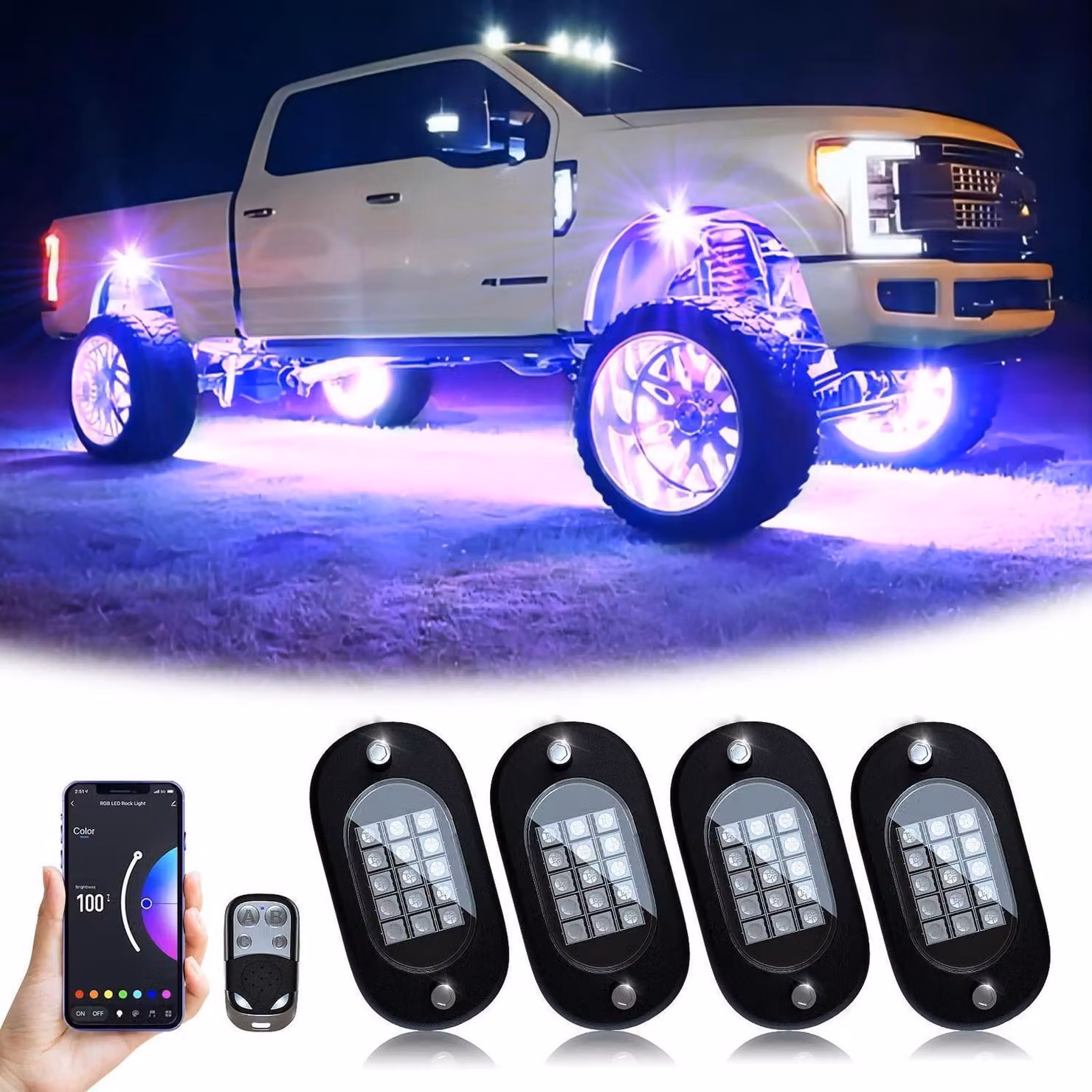 Kit di luci a LED RGB per auto, composto da 4 luci, con controllo tramite app o radiofrequenza, modalità musicale, impermeabili e alimentazione a 12V DC