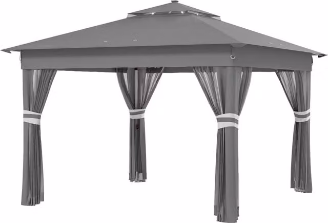 Gazebo da Giardino con Luci LED 336x336x250-270 cm in Acciaio e tessuto Oxford Grigio