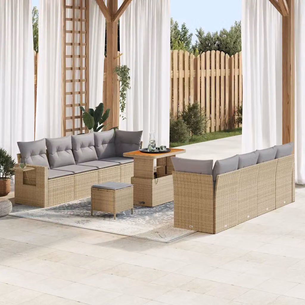Set Divano da Giardino vidaXL 11 Pezzi Beige con Cuscini e Tavolino in Poly Rattan e Acciaio – 1