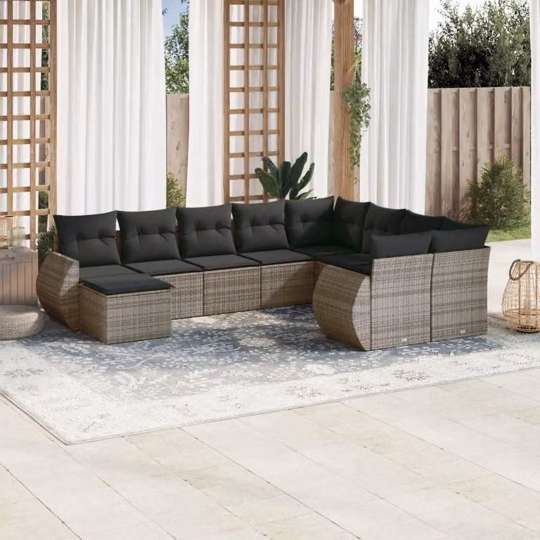 Set Divano da Giardino vidaXL 10 pz con Cuscini Grigio in Polyrattan e Tavolino da Caffè