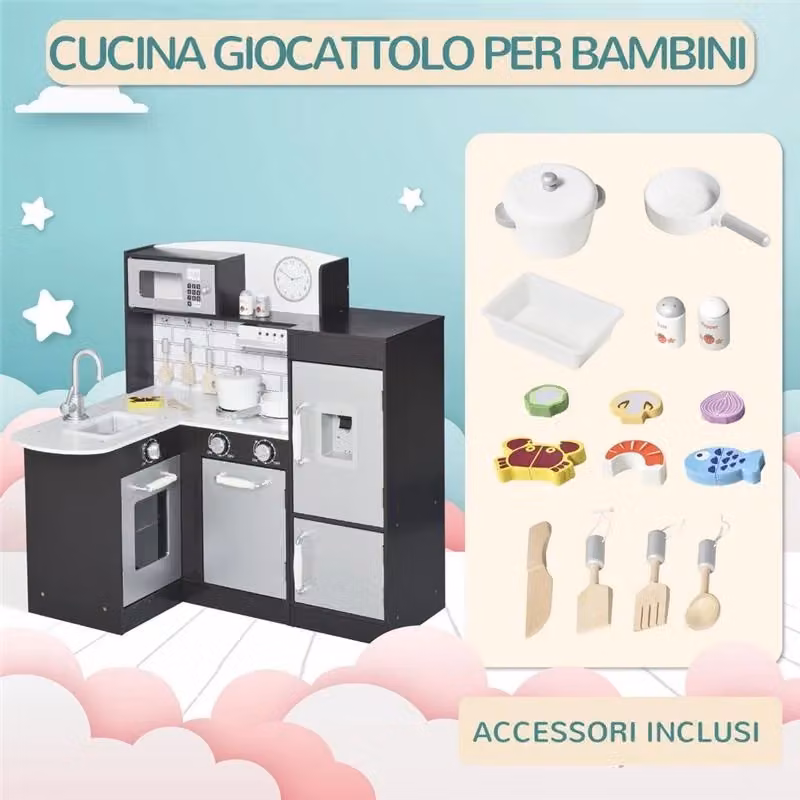 Cucina giocattolo per bambini in legno con 14 accessori, colori nero e argento – 2