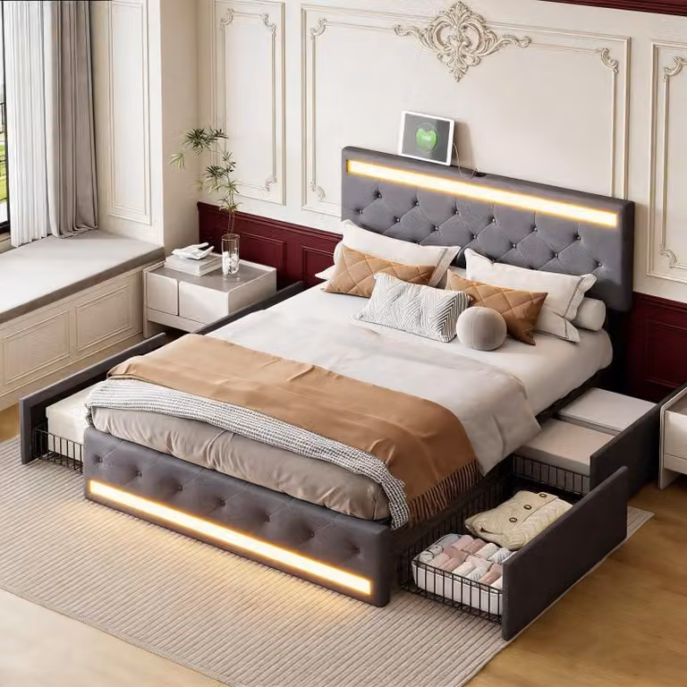 Letto imbottito INONEFT 140x200 cm con 4 cassetti, letto per ragazzi/coppie con LED e USB/Type-C, letto contenitore in legno massello con rete a doghe, tessuto in lino, colore grigio
