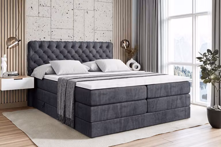 Letto boxspring ALTDECOR con 2 materassi e topper - 200x200 cm - BOXI8 KING - Velluto grigio scuro - Letto imbottito con materassi H3 e H4, contenitore e rete a doghe, letto con contenitore