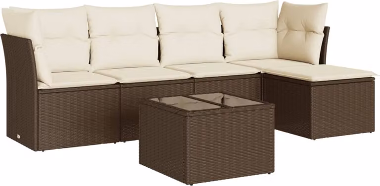 Set Divano da Giardino 6 pz con Cuscini Marrone in Polyrattan