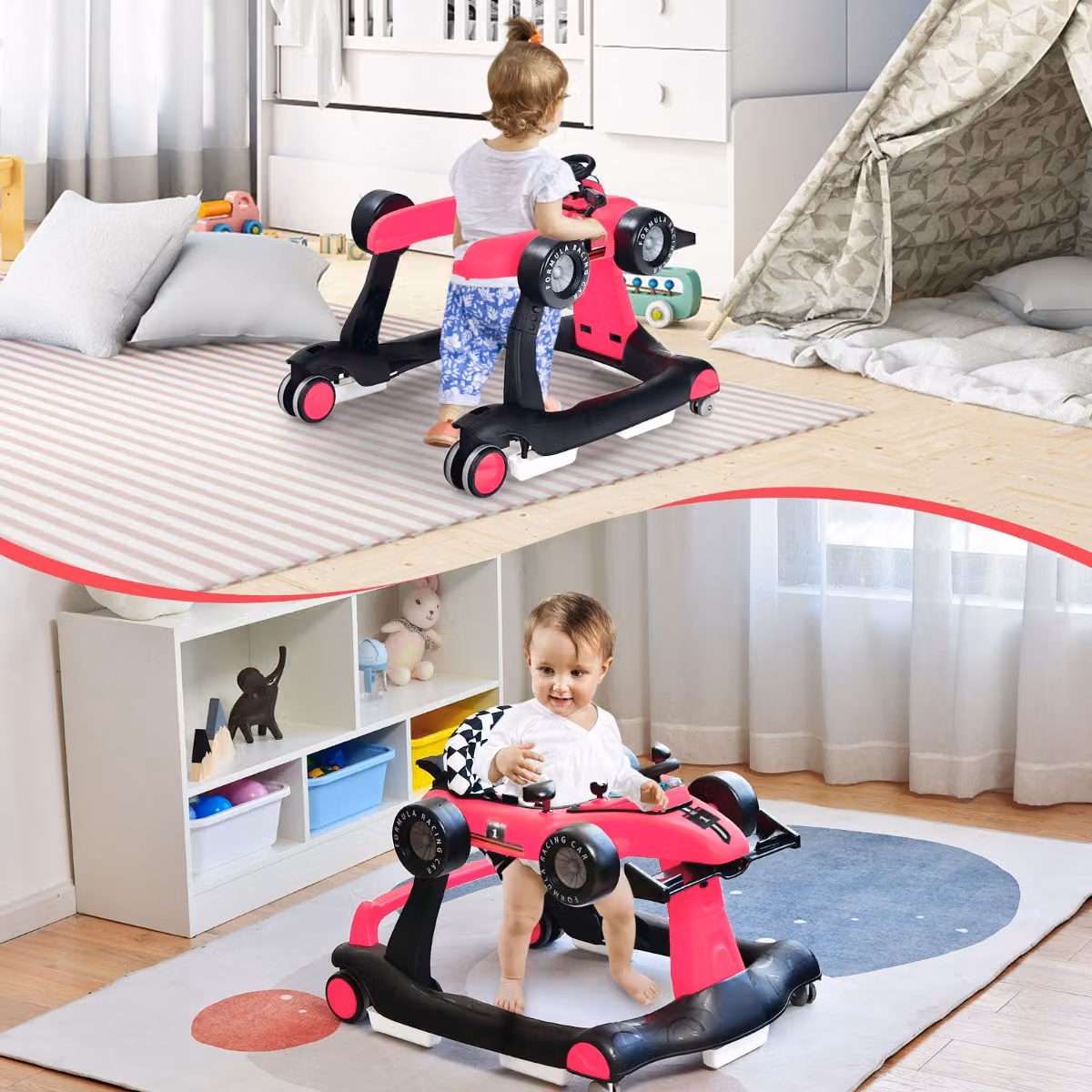 Costway Primi passi 4 in 1 per neonati con altezza e velocità regolabili, deambulatore a spinta con carillon e luci, Rosa