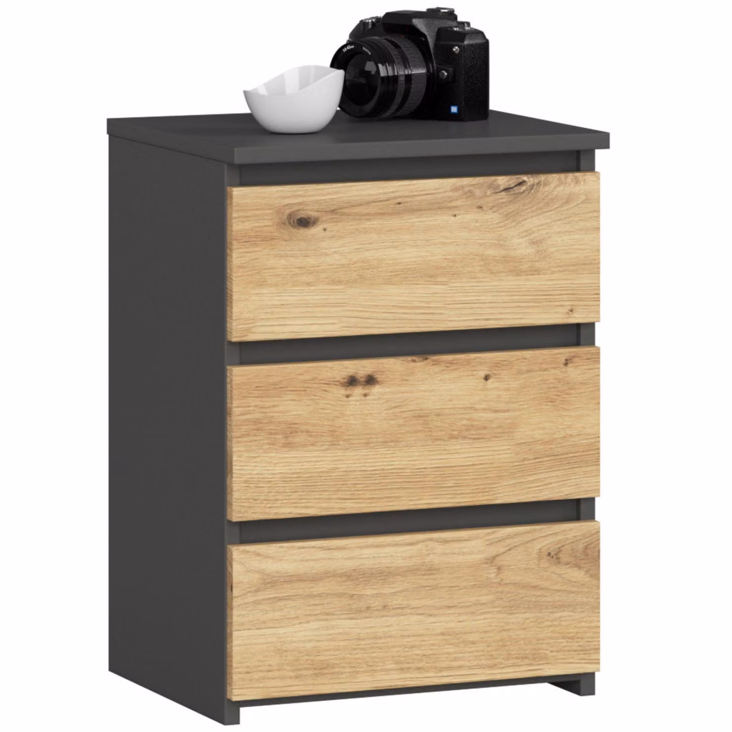 Comò a 3 cassetti Comò organizer Comò con cassetti Larghezza 40 cm, altezza 57 cm, finitura grafite-Artisan, rovere, mobile alto, credenza, mobile stretto