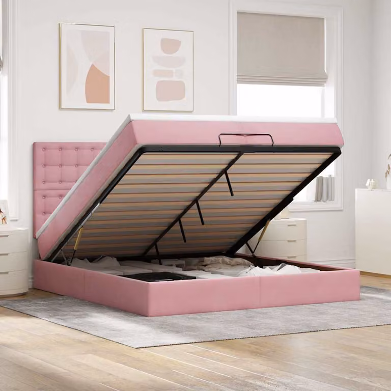 Letto con contenitore a sollevamento vidaXL in velluto rosa e bianco L/P/H: 200 x 200 x 128 cm