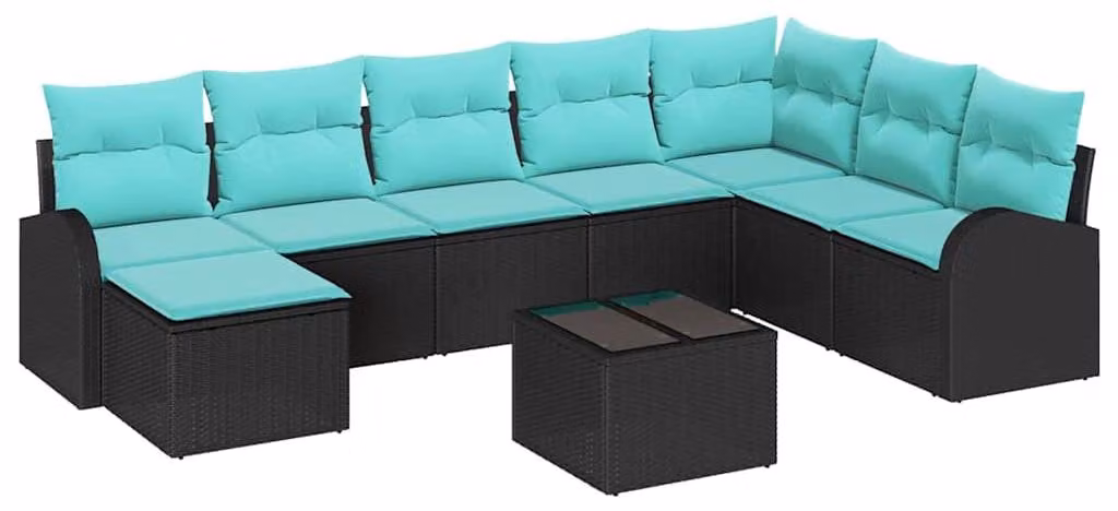Set di divani da esterno, 9 pezzi, colore nero e turchese, realizzato in rattan sintetico