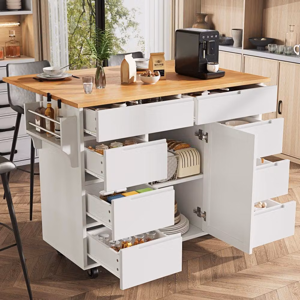 Isola da cucina - Isola da cucina moderna e mobile, dotata di piano di lavoro e 8 cassetti, montata su ruote