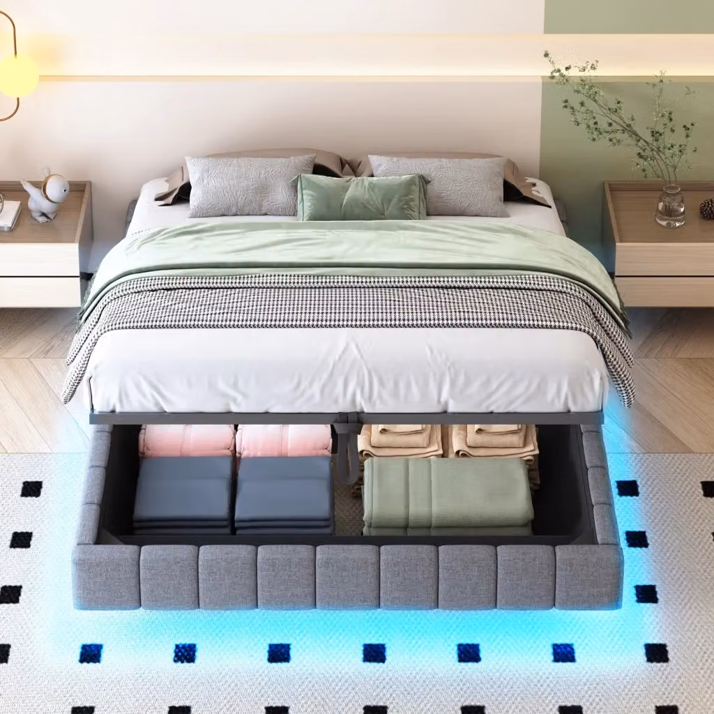 Letto imbottito REDOM grigio con contenitore a sollevamento e illuminazione LED L/P: 160 x 200 cm – 2