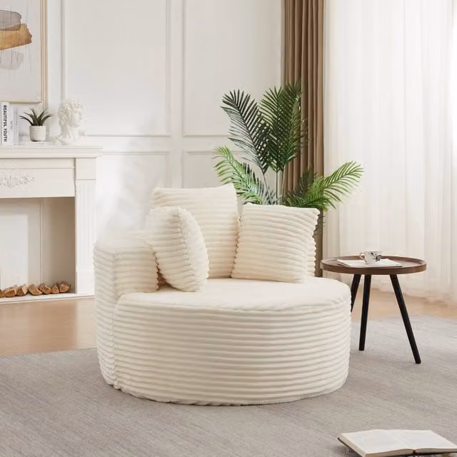 Poltrona lounge rotonda con 3 cuscini in velluto a coste beige