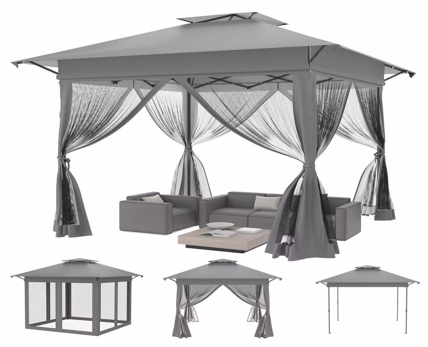 Tenda pop-up 4x4 metri, grigia, con protezione UV, regolabile in altezza su 3 livelli, dotata di 4 pannelli laterali con zanzariera e tetto a doppia falda