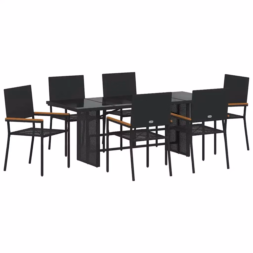 Set da pranzo per giardino e terrazza vidaXL in polyrattan nero e marrone con tavolo in vetro e legno di acacia, 7 pezzi – 2