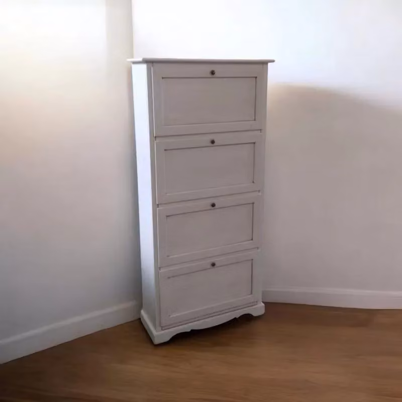 Scarpiera Shabby Chic Mobili 2G con 4 ante ribalta in legno di pino bianco anticato L: 79 cm, P: 30 cm, H: 170 cm – 2