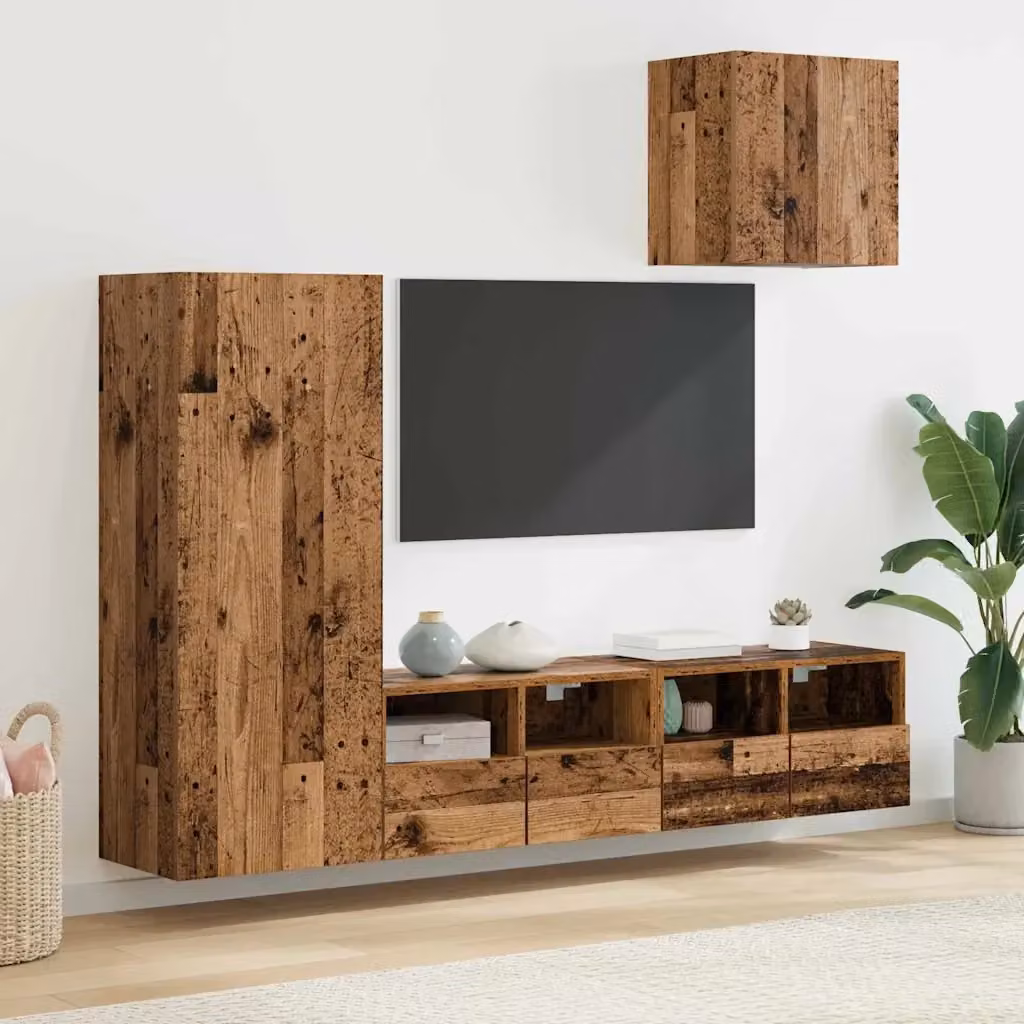 Set di 4 unità per mobile porta TV a muro in legno multistrato color marrone effetto legno vecchio, design moderno per soggiorno – 2