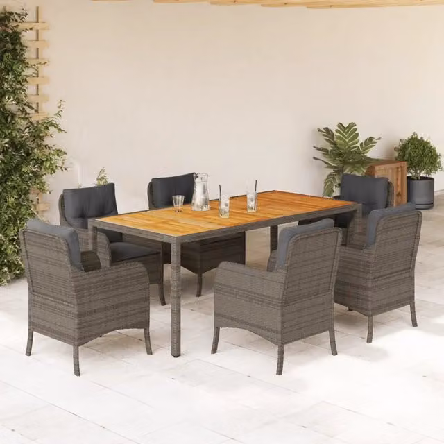 Set da pranzo da giardino vidaXL in polyrattan e legno di acacia grigio, 7 pezzi – 1