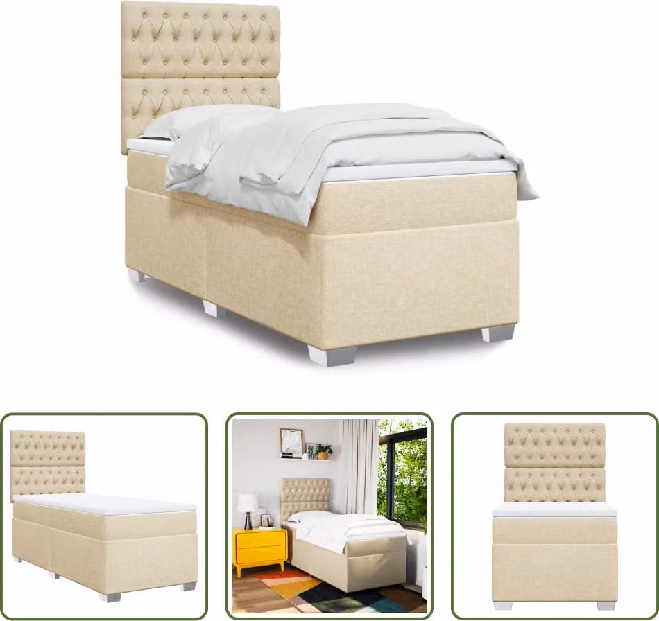 The Living Store Letto a molle con materasso crema 90x200 cm in tessuto