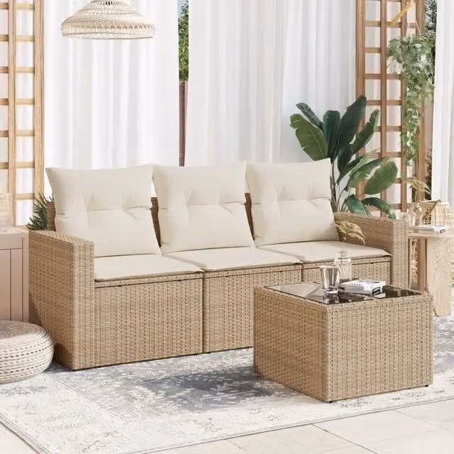 Set Divano da Giardino 4 pz con Cuscini-Sofa da Giardino-Divanetto da esterno Beige in Polyrattan 816618