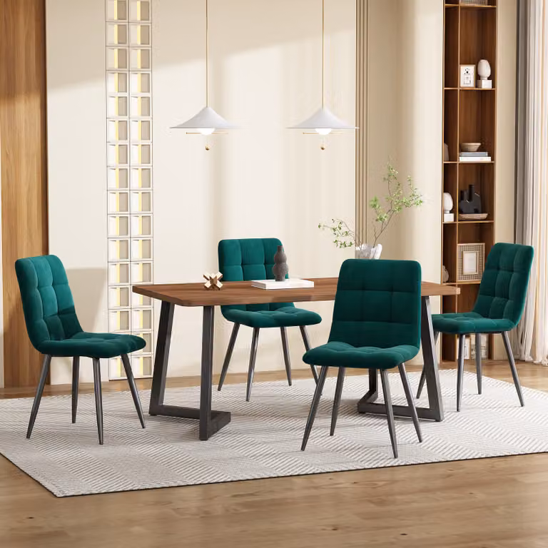 Set da pranzo Sweiko (5 pezzi), set tavolo da pranzo con 4 sedie, set tavolo da cucina moderno, tavolo da cucina con venature del legno e gambe in metallo nero, piano del tavolo in MDF color noce, sedie da pranzo in velluto verde scuro