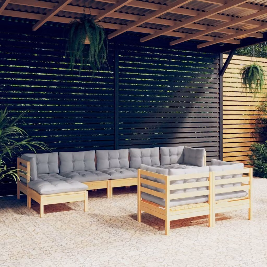The Living Store Set da 9 pezzi per salotto da giardino con cuscini grigi in legno di pino massiccio