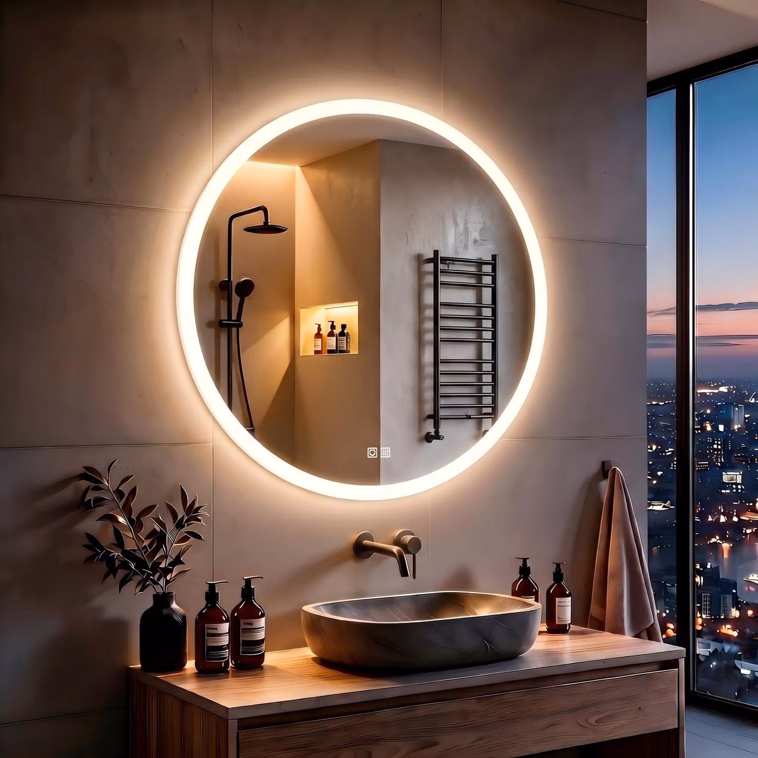 Specchio da bagno a LED, forma rotonda, 60x60 cm, con funzione di dimmerazione, controllo touch e tecnologia anti-appannamento