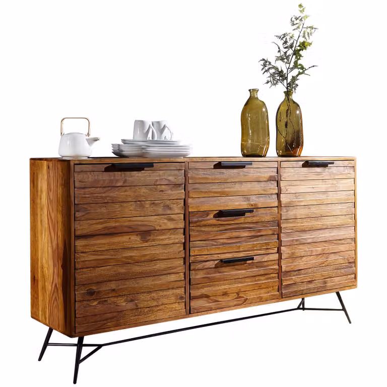 Credenza di design NISHAN 160 x 40 x 88 cm in legno massello di sheesham | Comò con ante e cassetti | Credenza industriale in legno massello | Armadio in legno massello con gambe in metallo