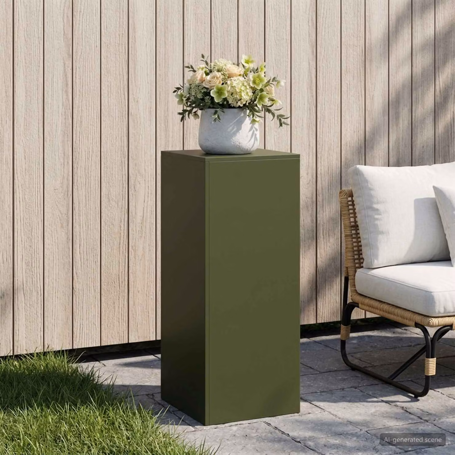 vidaXL Supporto per piante in metallo verde oliva, stile industriale per giardino, balcone o terrazzo, L/P/H: 40 x 40 x 100 cm