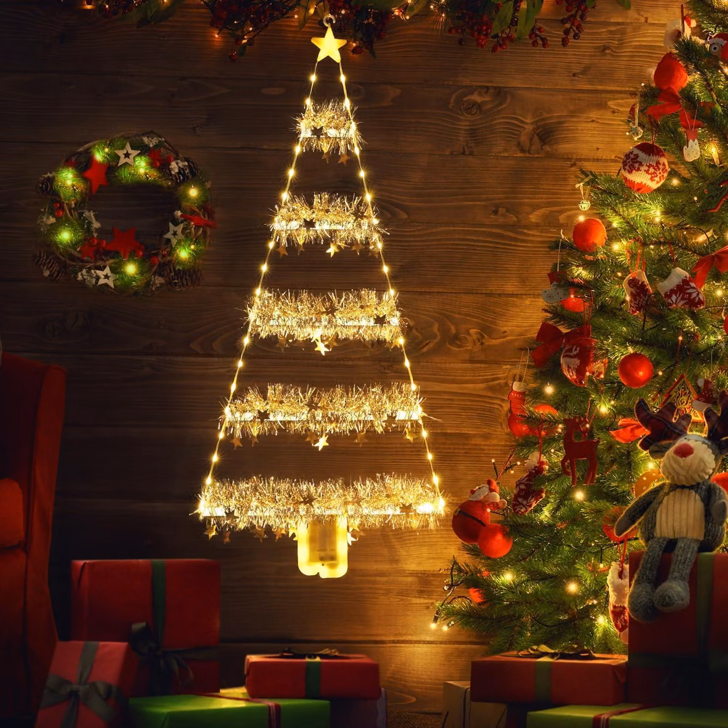 Catena luminosa a LED per albero di Natale, 81 cm, 97 LED, luce bianco caldo, timer, 8 modalità
