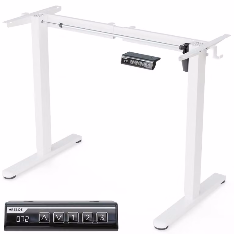 Struttura per scrivania AREBOS, regolabile elettricamente in altezza, con singolo motore, capacità di carico 70 kg, altezza regolabile da 70,5 a 116,5 cm, display LCD, memoria preimpostazioni, protezione anticollisione, colore bianco, ideale per l'ufficio