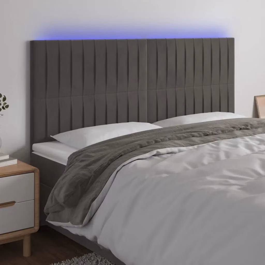 Testata per letto con illuminazione LED e porta di ricarica USB in velluto grigio, L: 180 cm, P: 5 cm, H: 118/128 cm – 2
