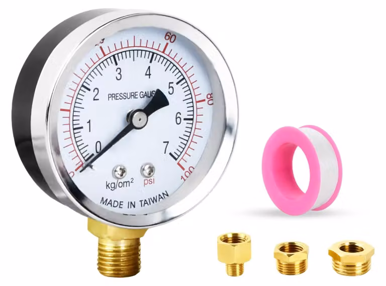 Manometro da 60 mm, 0-7 bar, attacco 1/4 di pollice BSP, completo di 2 adattatori in ottone