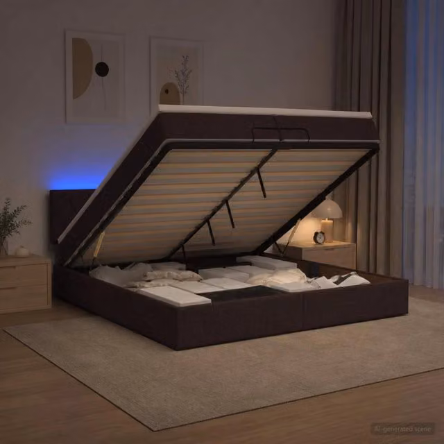 Letto Ottomano con Materasso Ibrido e Illuminazione LED vidaXL, Marrone, L/P: 200 x 200 cm