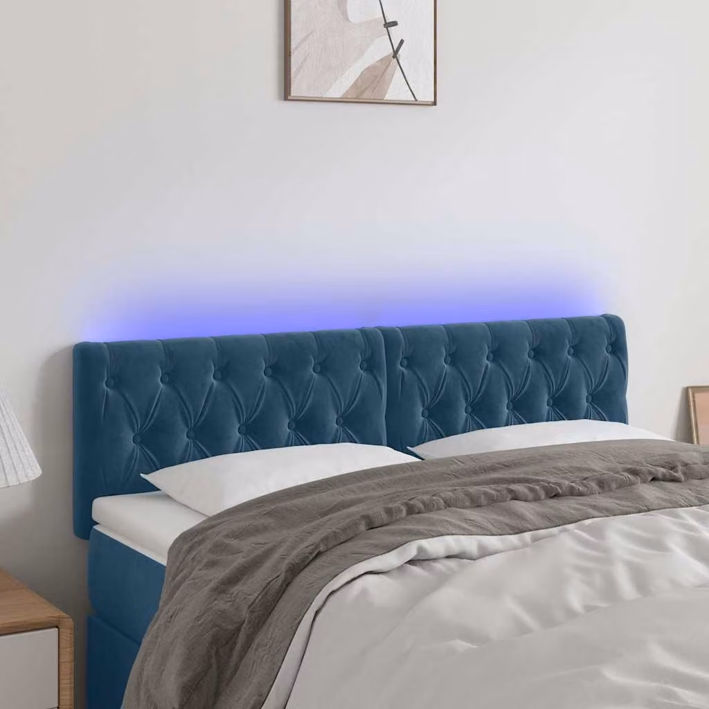 Testiera per letto vidaXL in velluto blu con illuminazione LED e porta di ricarica USB, L: 160 cm, P: 7 cm, H: 78-88 cm