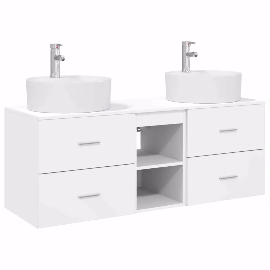Set di 3 mobili da bagno moderni vidaXL in legno bianco opaco, comprendente base lavabo e pensili sospesi, L/P/H: 129 x 44.5 x 82 cm – 2