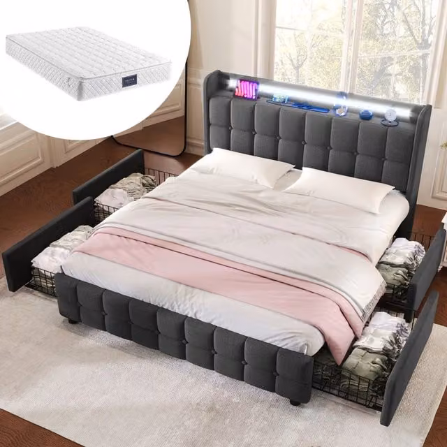 Letto matrimoniale imbottito 140 × 200 cm con materasso prese USB LED 4 cassetti grigio rete a doghe in legno