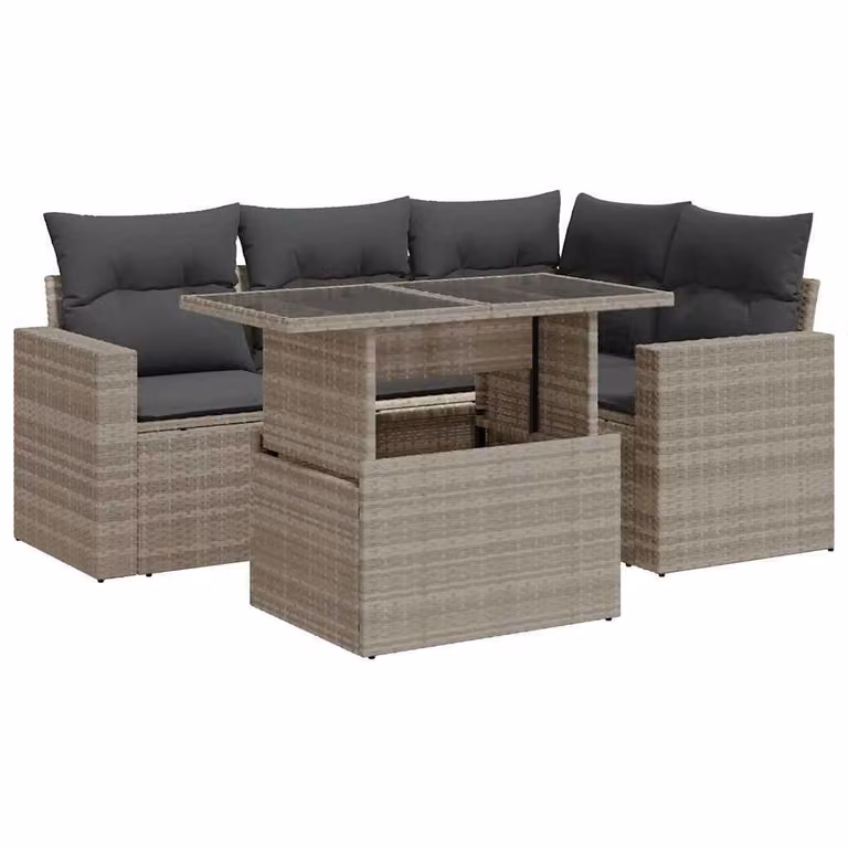 Set Divano da Giardino 5pz con Cuscini Grigio Chiaro Polyrattan